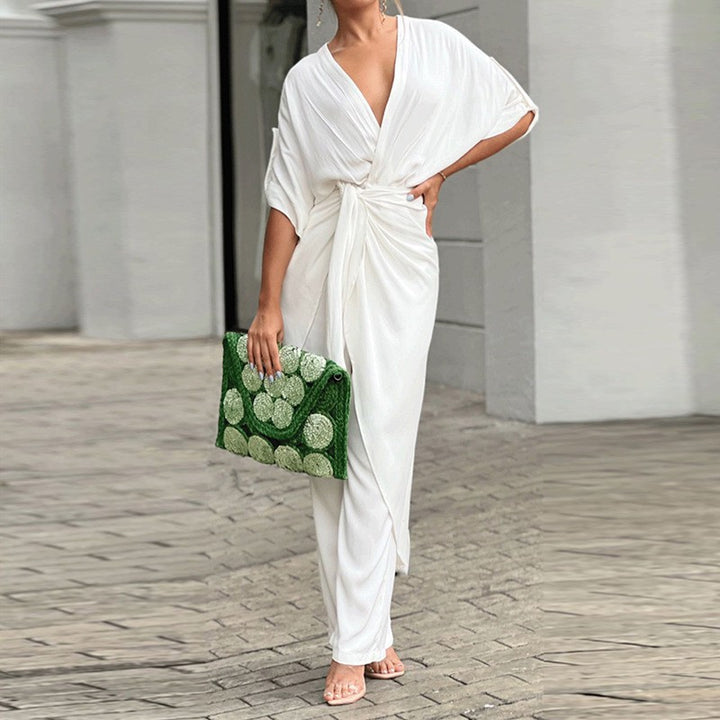 White V Neck Waist Tie Up Dress