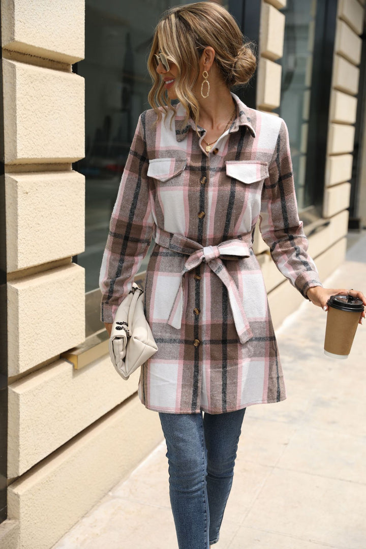 Pink Flannel Shirt Dress With Tie Up