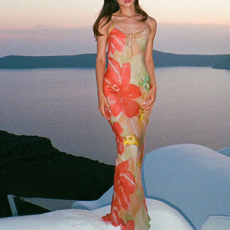 Orange Printed Neck Tie Up Dress