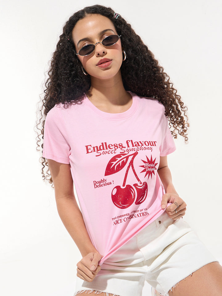 Pink Crew Neck Graphic Tshirt