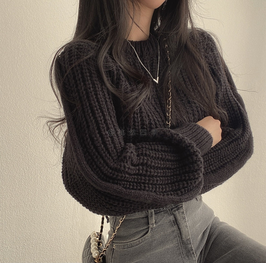 Black Puff Sleeve High Neck Plain Chunky Sweater