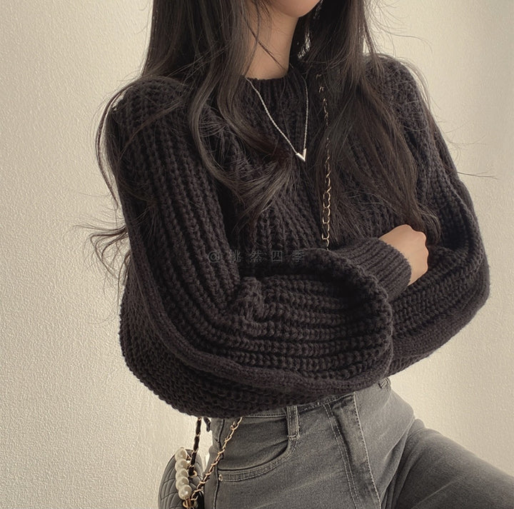 Black Puff Sleeve High Neck Plain Chunky Sweater
