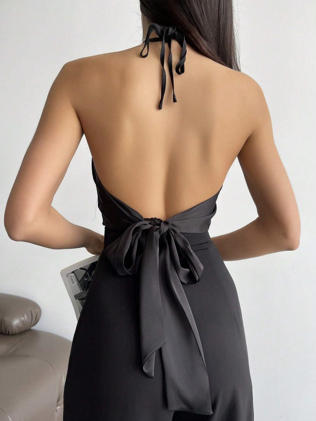 Black Halter Neck Buckle Attached Top