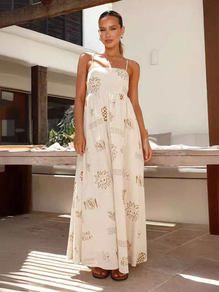 Beige Strappy Printed Maxi