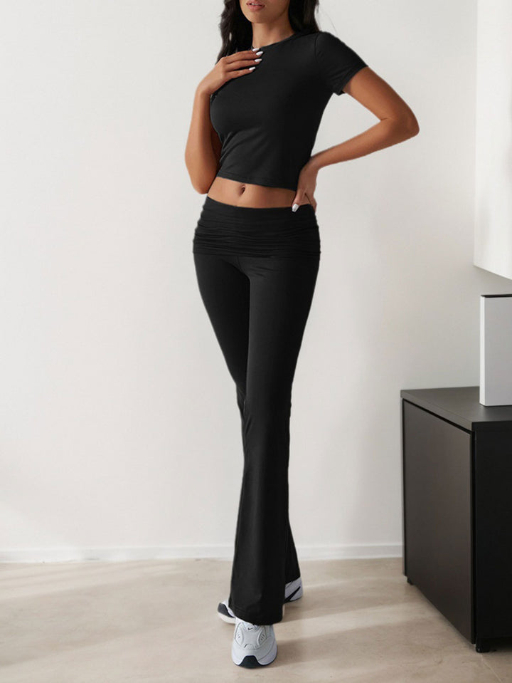 Black Short Sleeve Top & Waist Ruched Pant Set