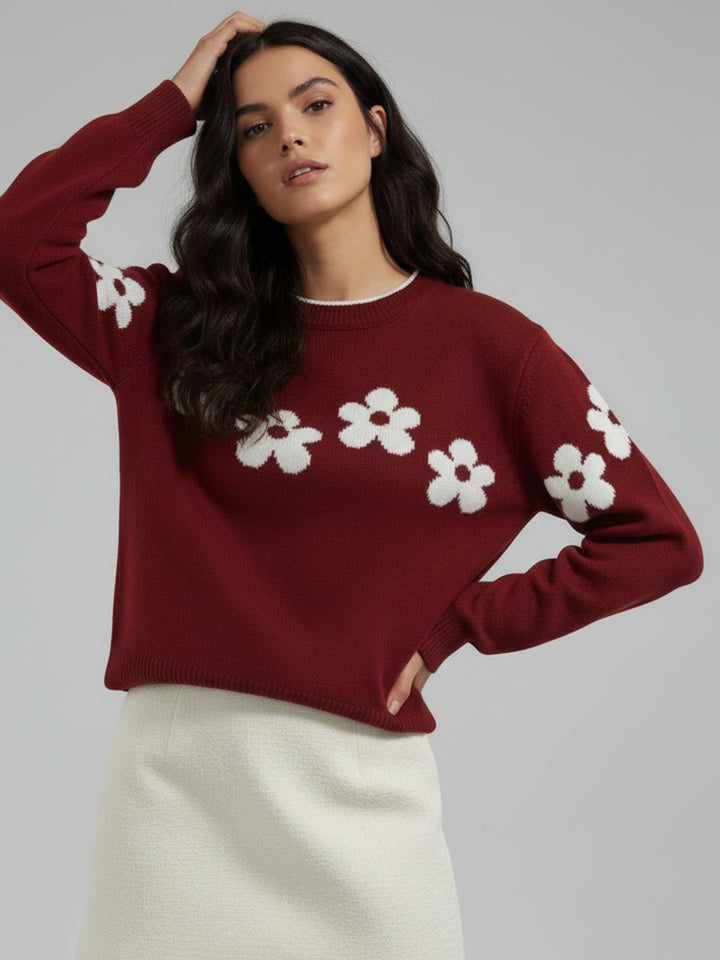 Burgundy Full Sleeve Round Neck Printed Sweater