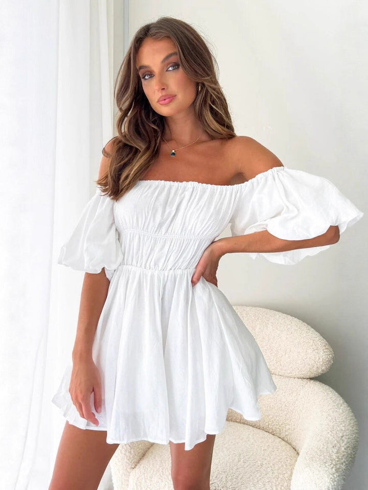 White Balloon Sleeve Off Shoulder Dress