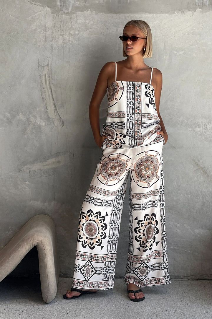 Blue Spaghetti Strap Abstract Printed Top & Pant Set