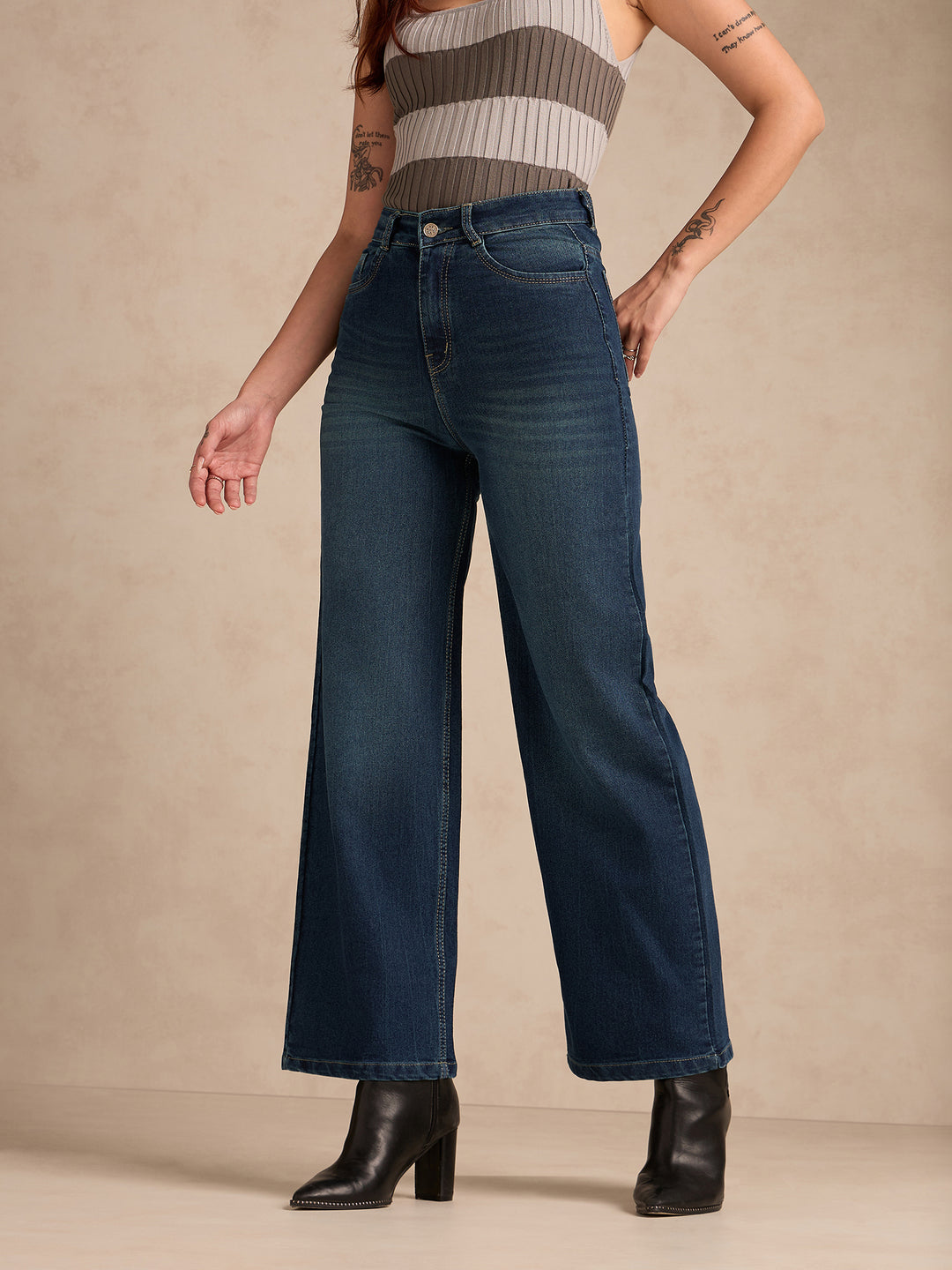 Blue Jean Flared High-Rise Low Distress Heavy Fade Stretchable Jeans