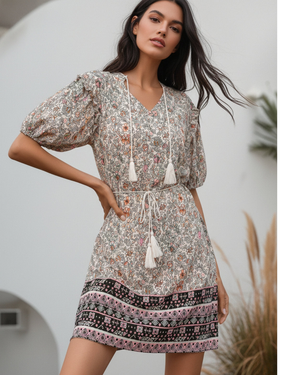 Multi Puff Sleeve Tie-Up Printed Dress