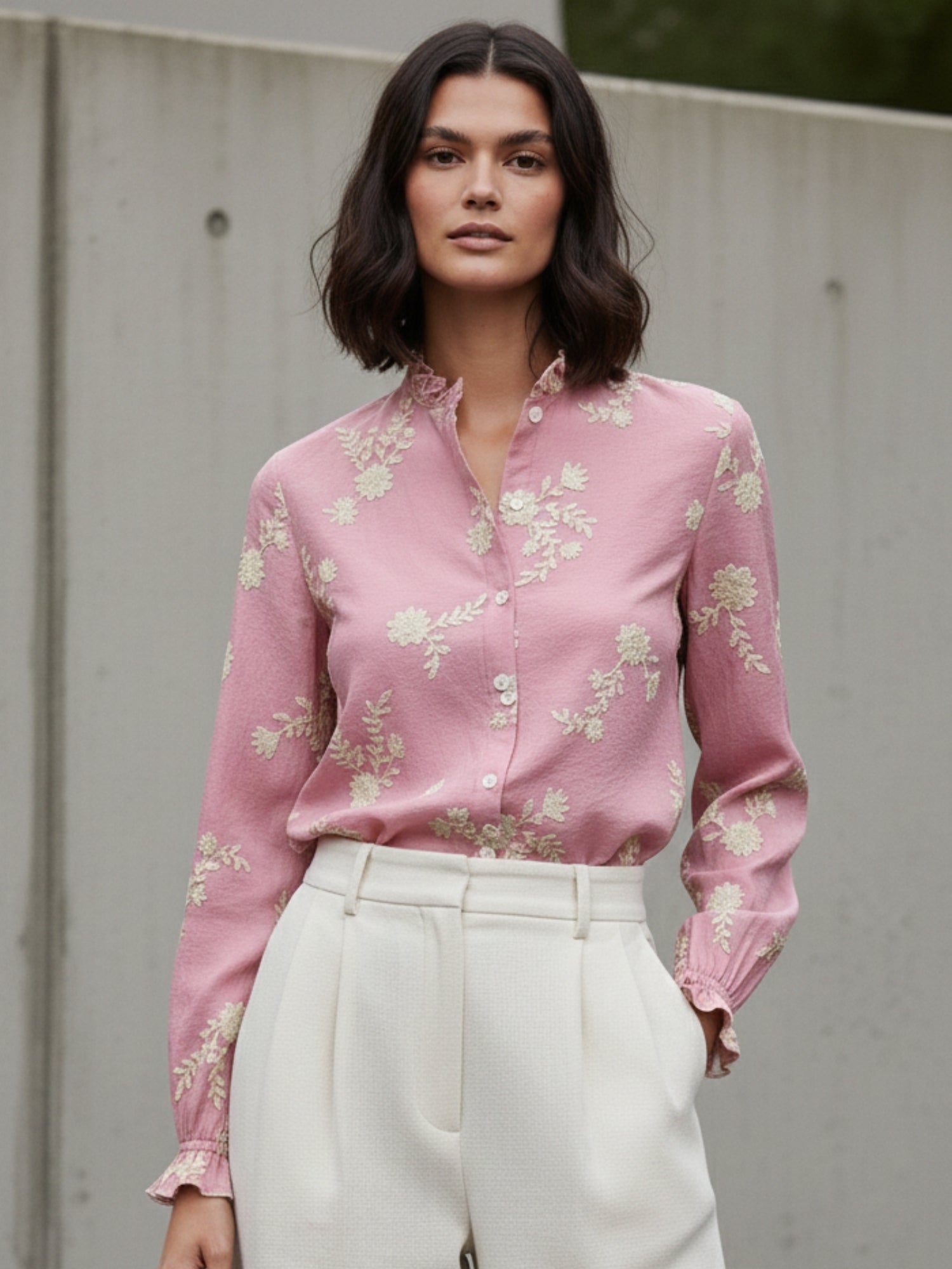 Pink  Bishop Sleeve Front Buttoned Embroidered Top