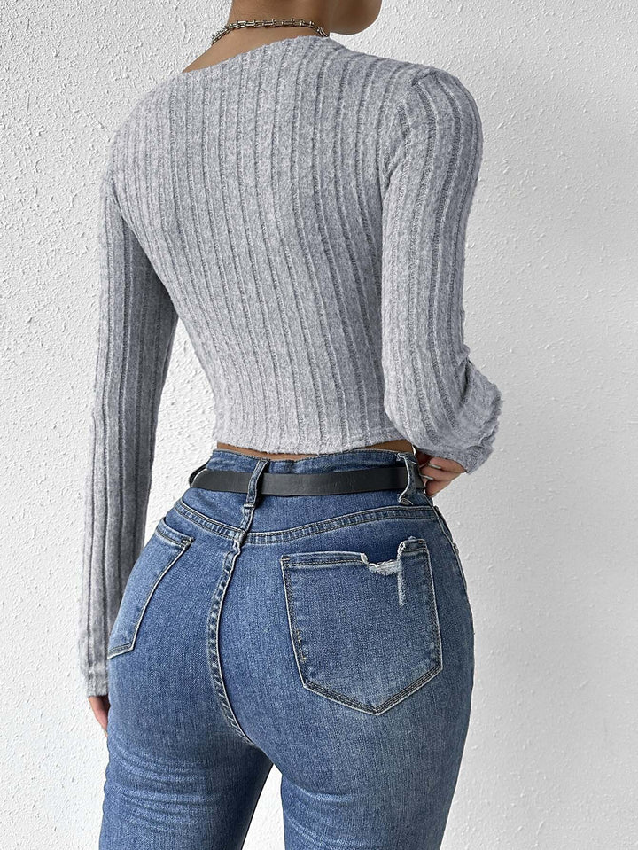 Grey Full Sleeved Knotted Knit Top