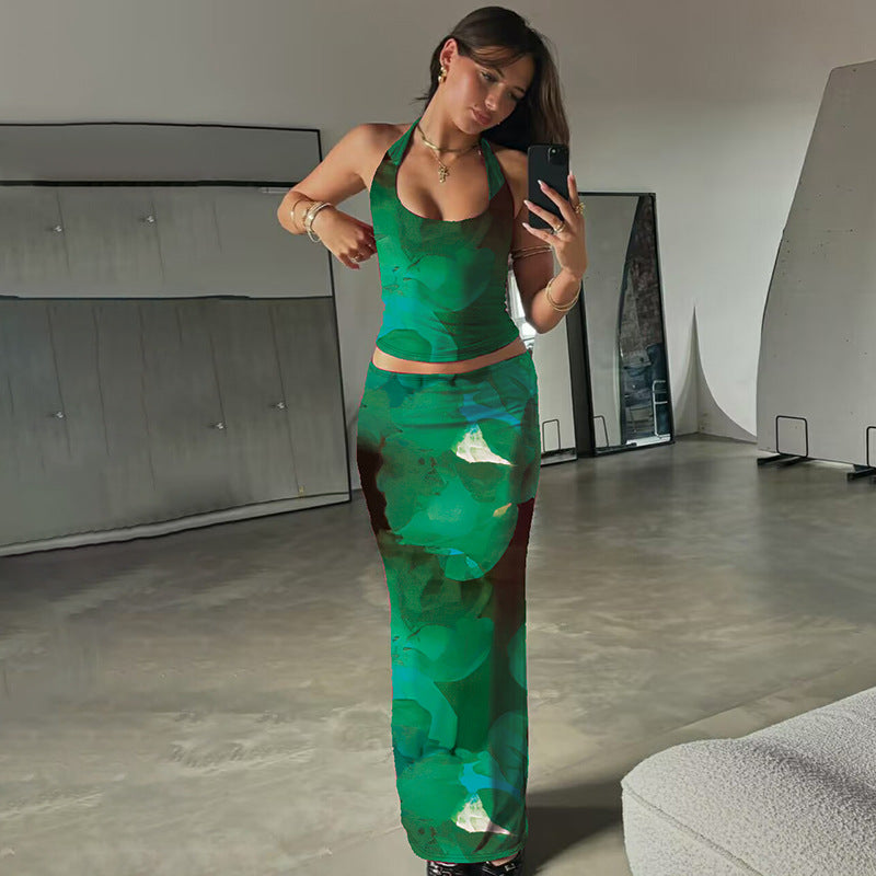 Green Printed Halter Top With Skirt Co-Ord Set