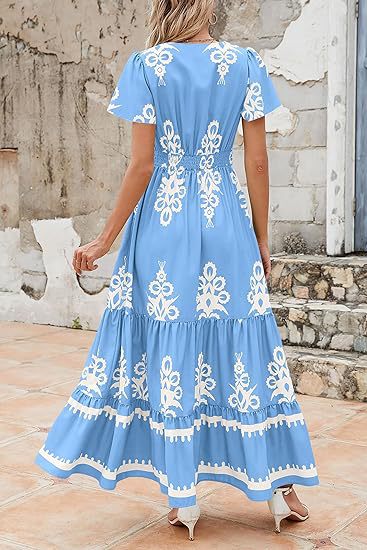 Light Blue Wrap Neck Contrast Coloured Printed Dress