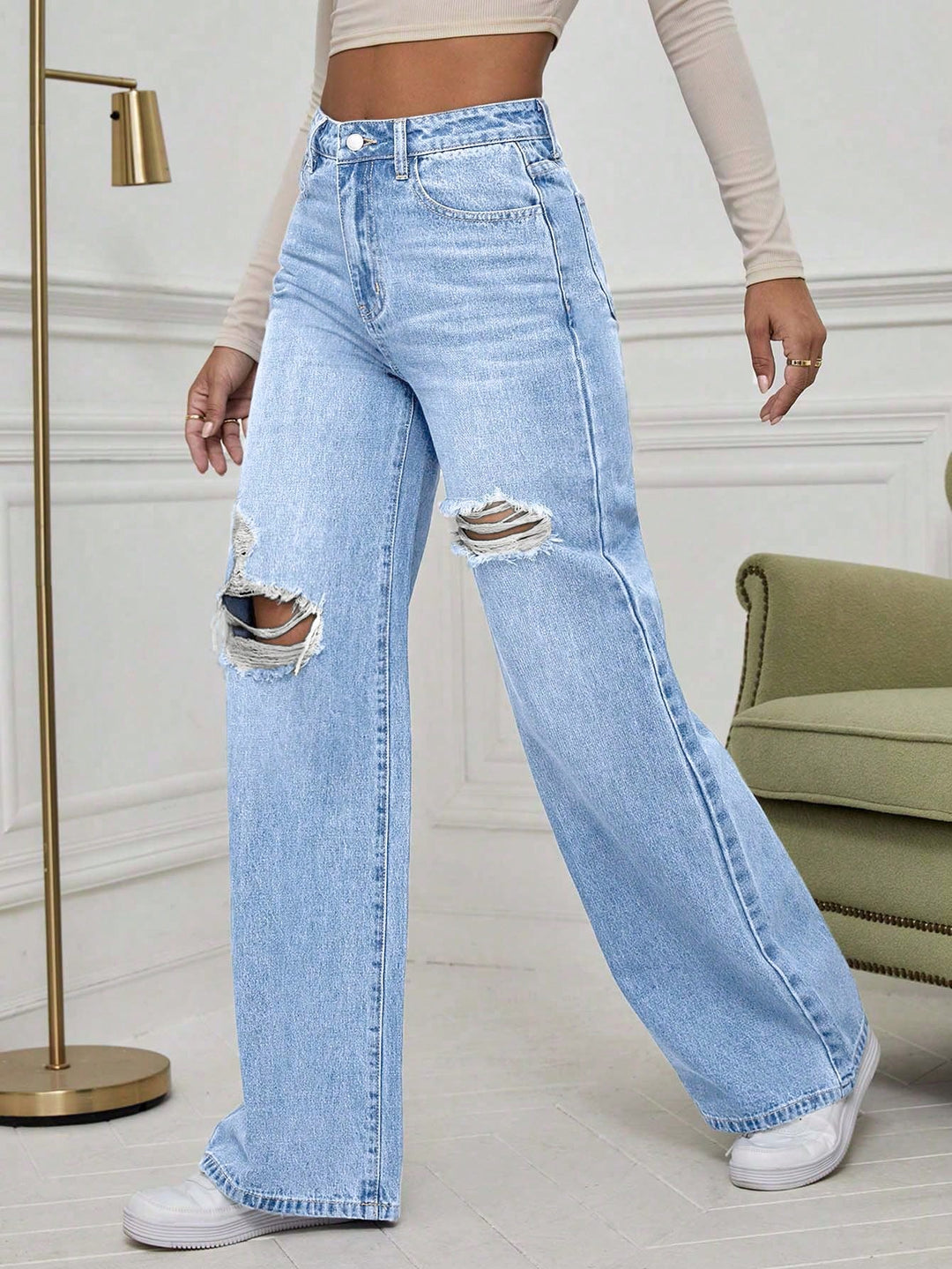 Light Blue Knee And Thigh Distressed Baggy Jeans