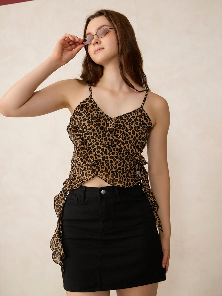 Brown Georgette Printed Ruffle Top