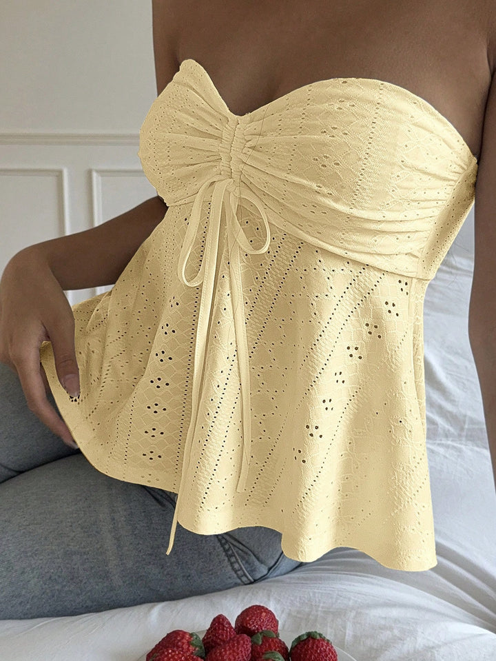 Yellow Strapless Textured Knit Front Ruched Top