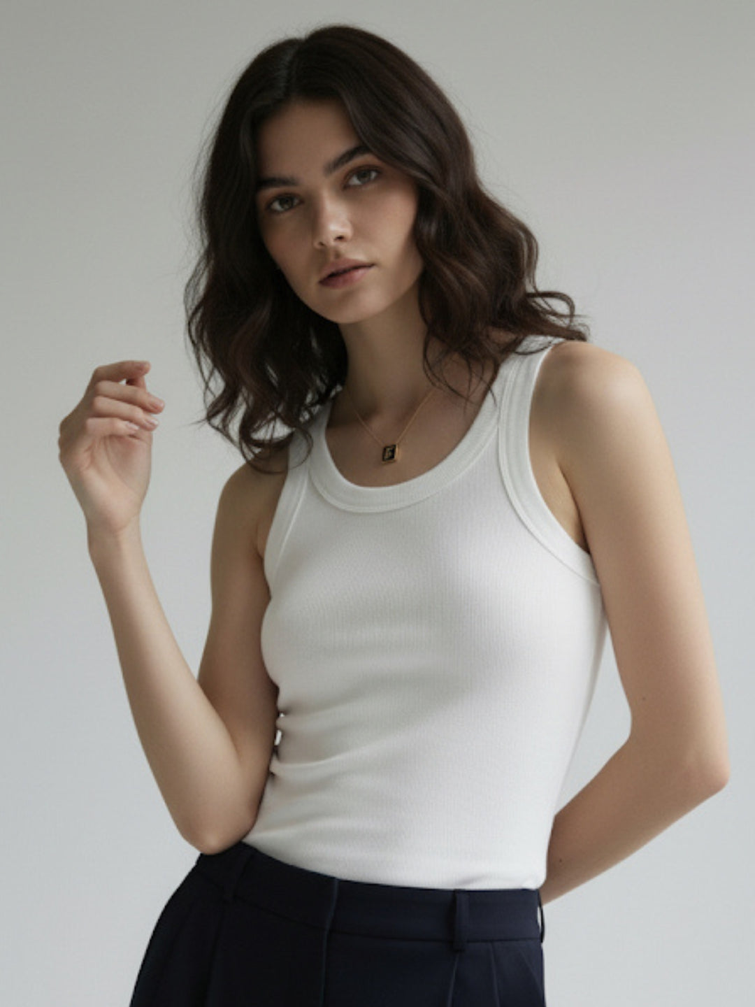 White Solid Ribbed Tank Top