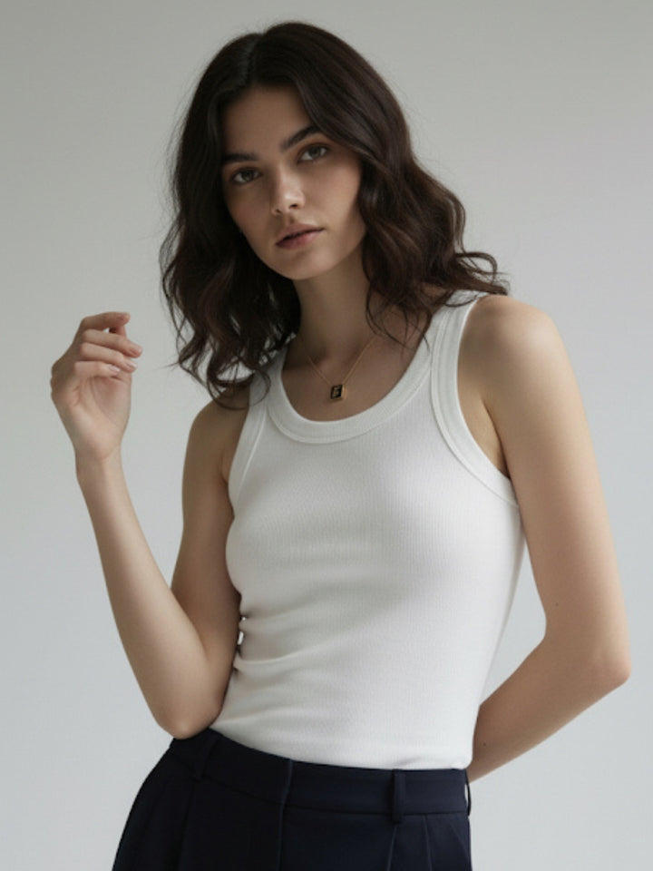 White Solid Ribbed Tank Top