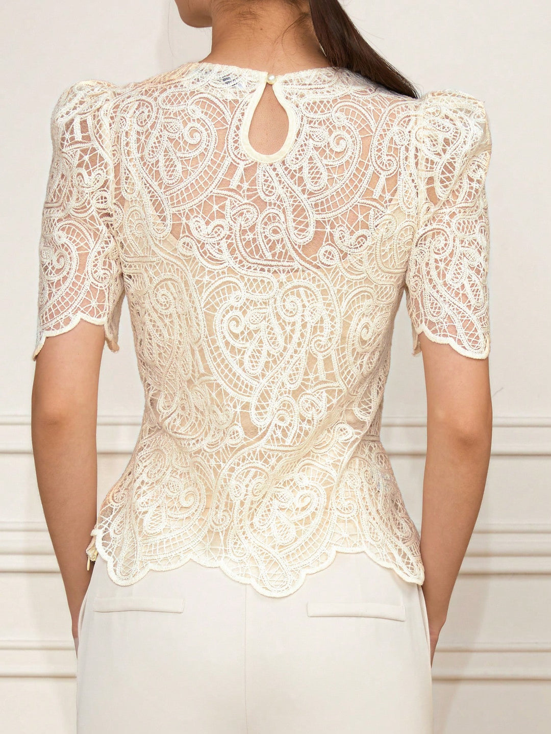 Cream Uneven Hem Laced Top