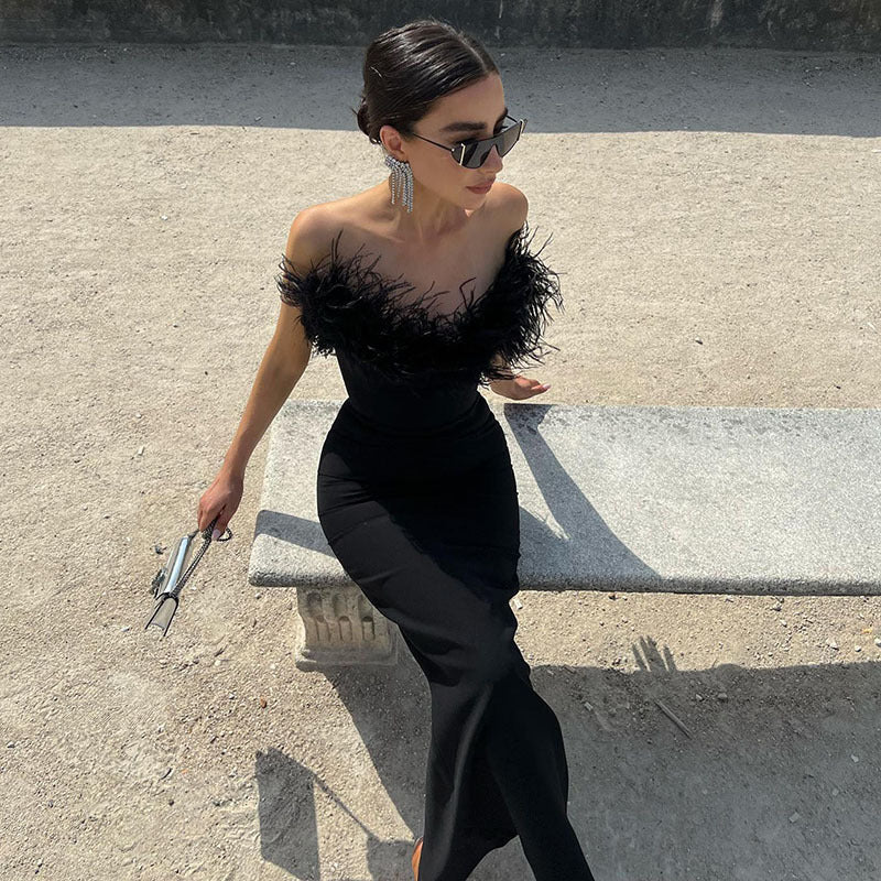 Black Feather Off Shoulder Maxi Dress