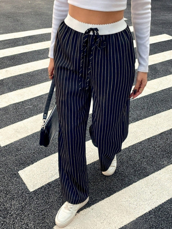 Navy Blue Contrast Waistband Pinstripe Trouser