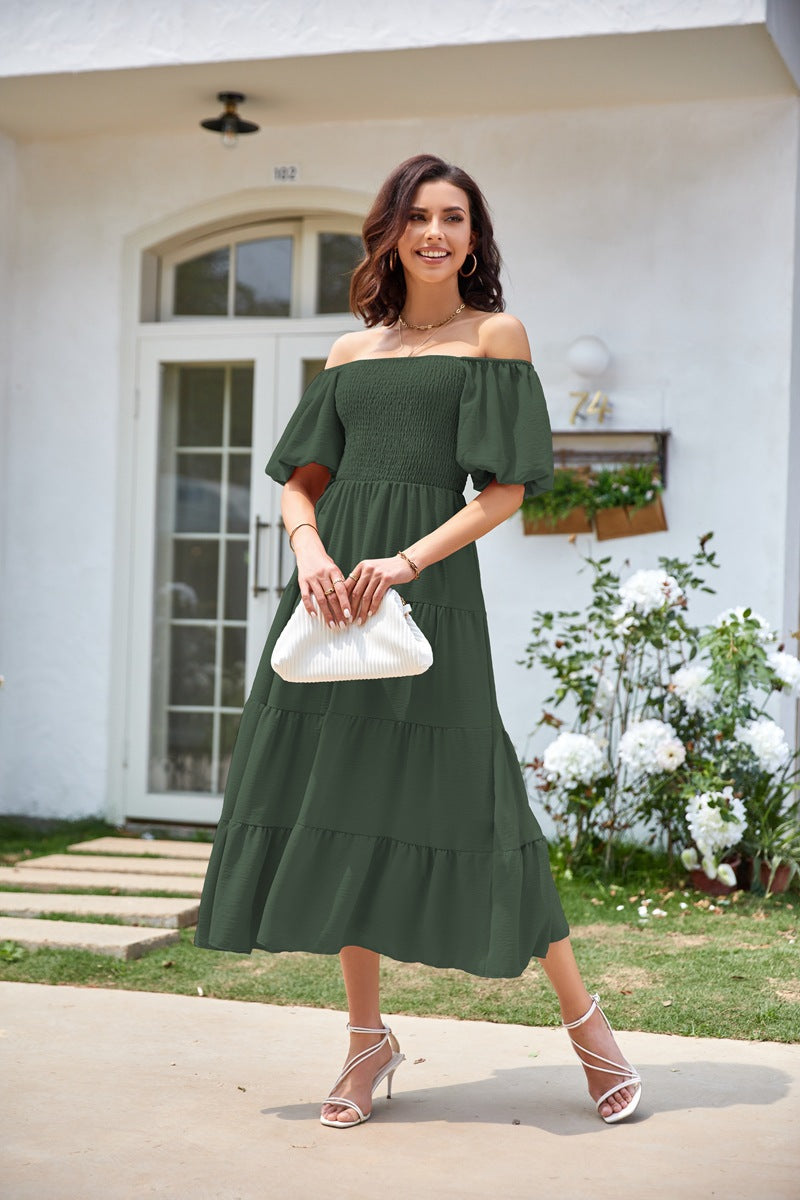 Olive Square Neck Puff Sleeved Tiered Dress