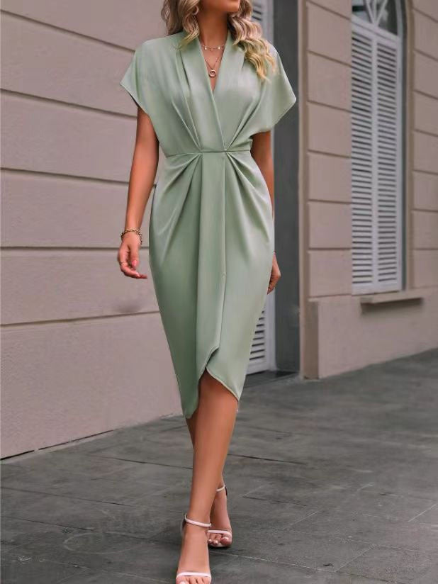 Green Short Sleeve V Neck Waist Tie-Up Dress