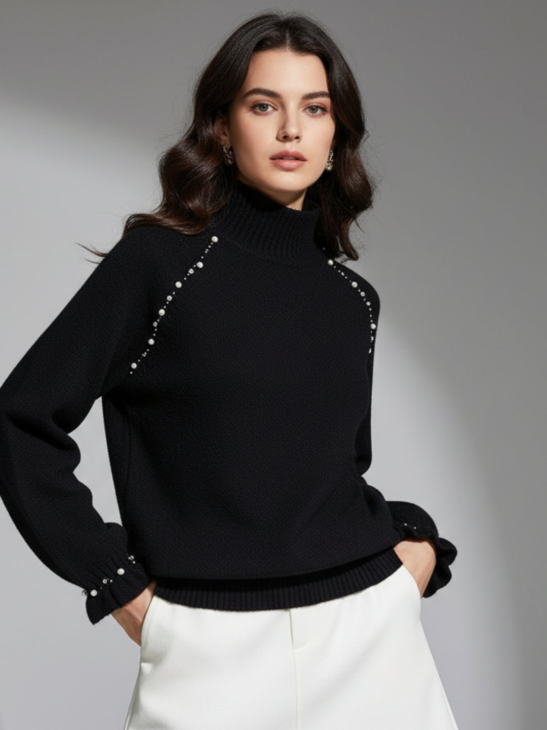 Black Pearl Embellished High Neck Sweater