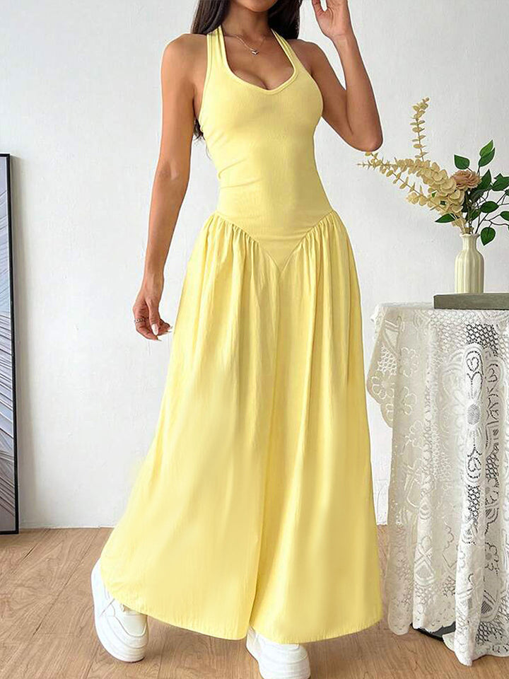 Yellow Pointed Waistline Halter Neck Dress