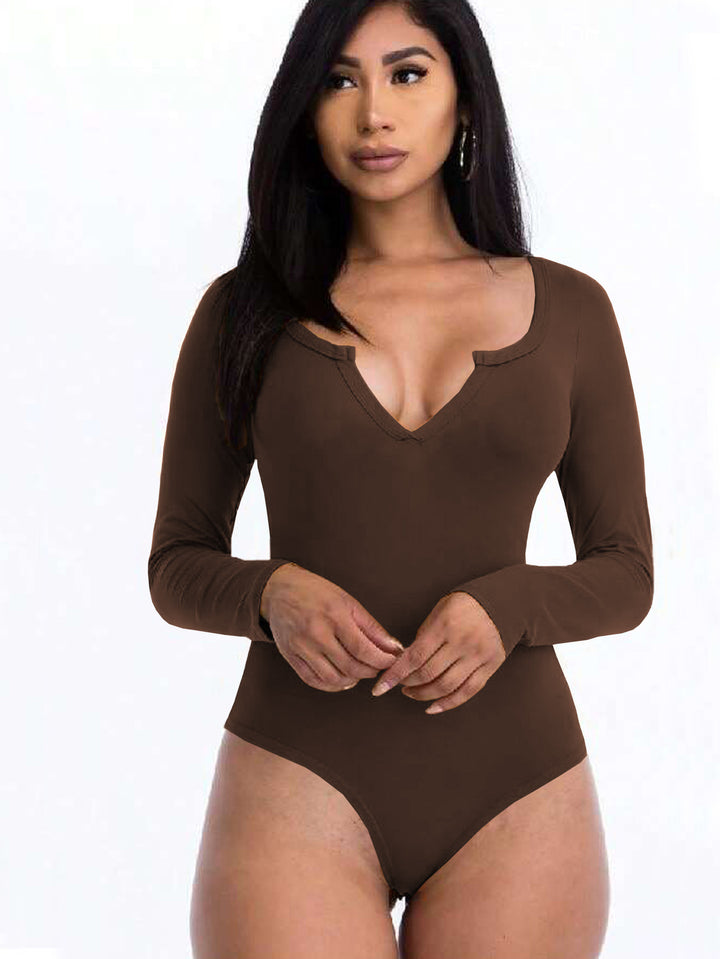 Brown Full Sleeved Scoop V-Neck Bodysuit