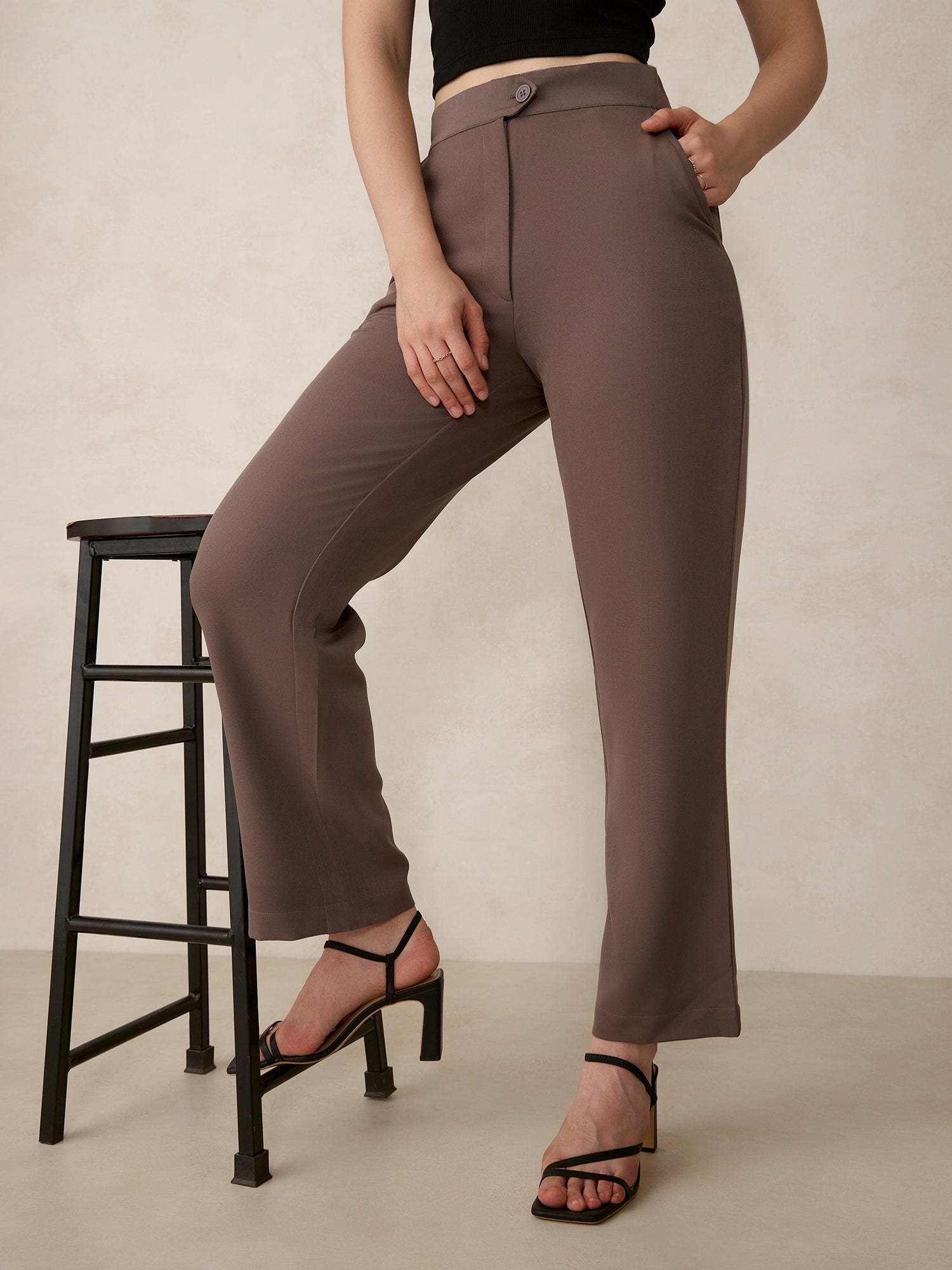 Grey Extended Waist Band Straight Fit Trouser