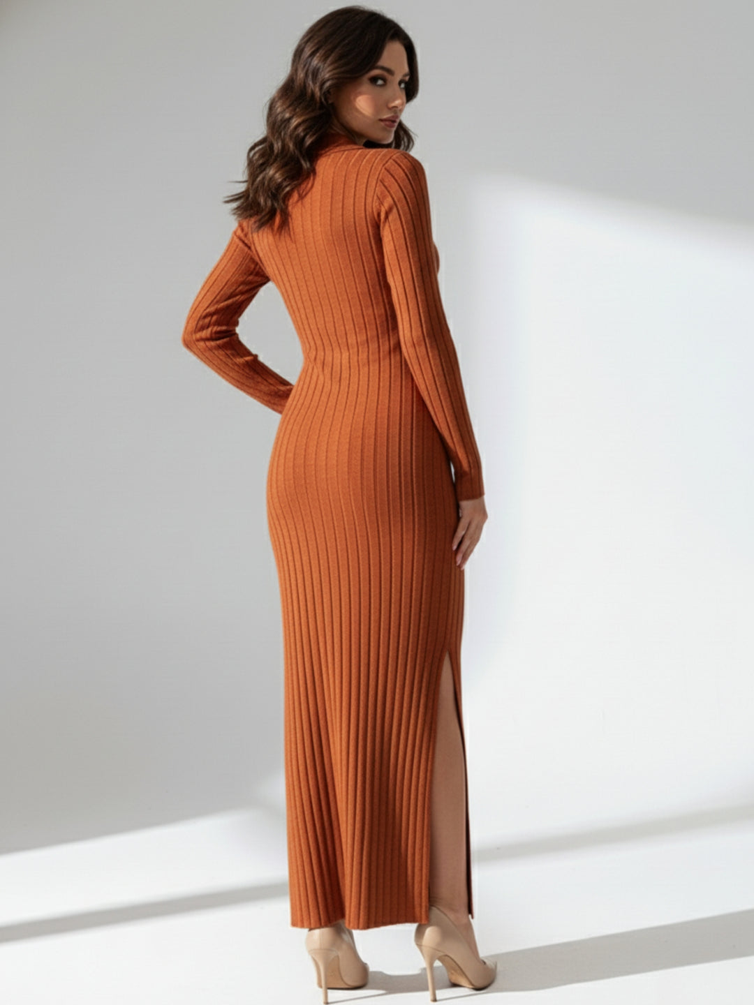 Rust Collared Wide Spaced Rib Dress