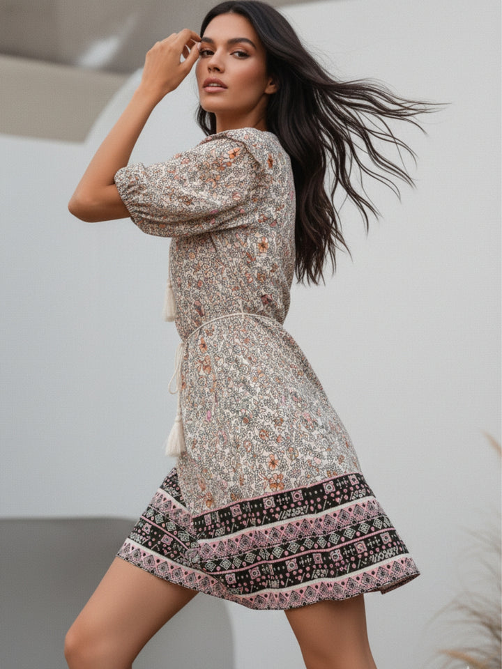 Multi Puff Sleeve Tie-Up Printed Dress