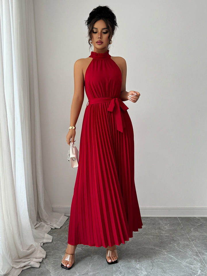 Red Halter Neck Pleated Textured Dress
