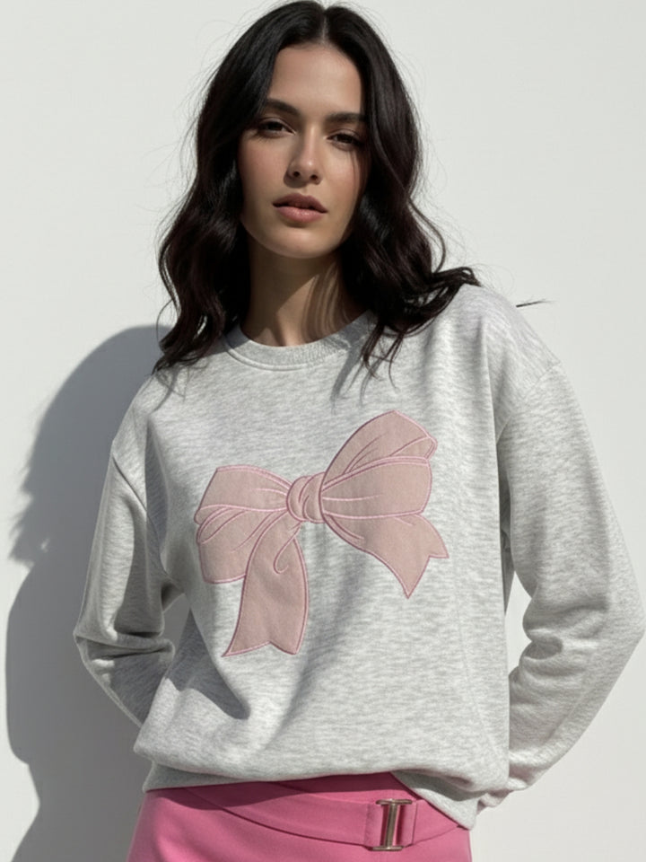 Grey Bold Bow Embroidery Sweatshirt