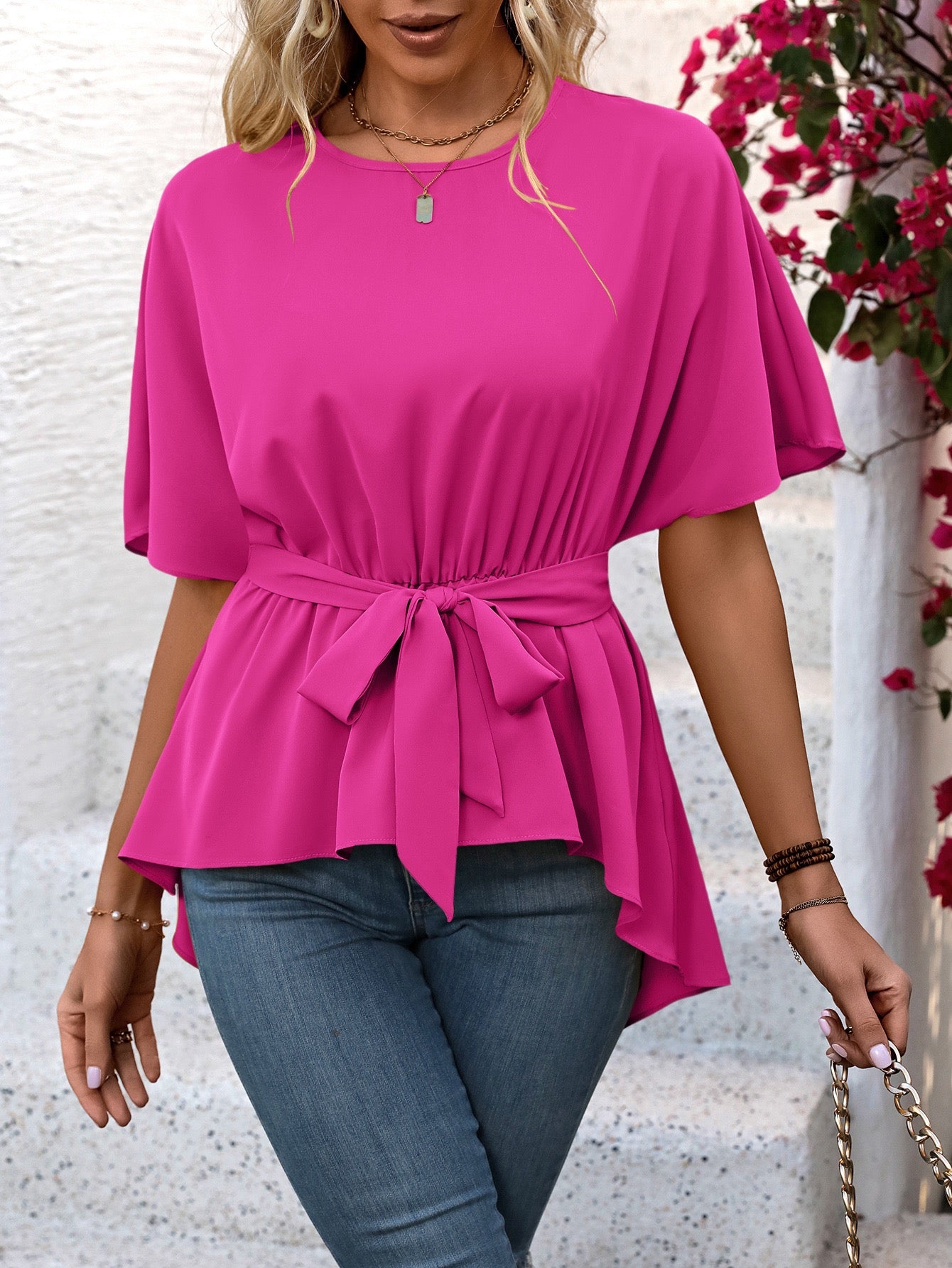 Pink Waist Cinched Asymmetrical Hem Top