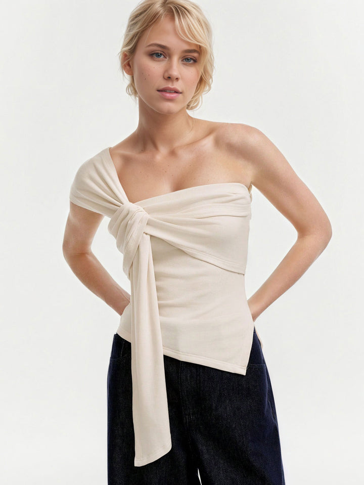 Cream One Shoulder Knot Front Sleeveless Top
