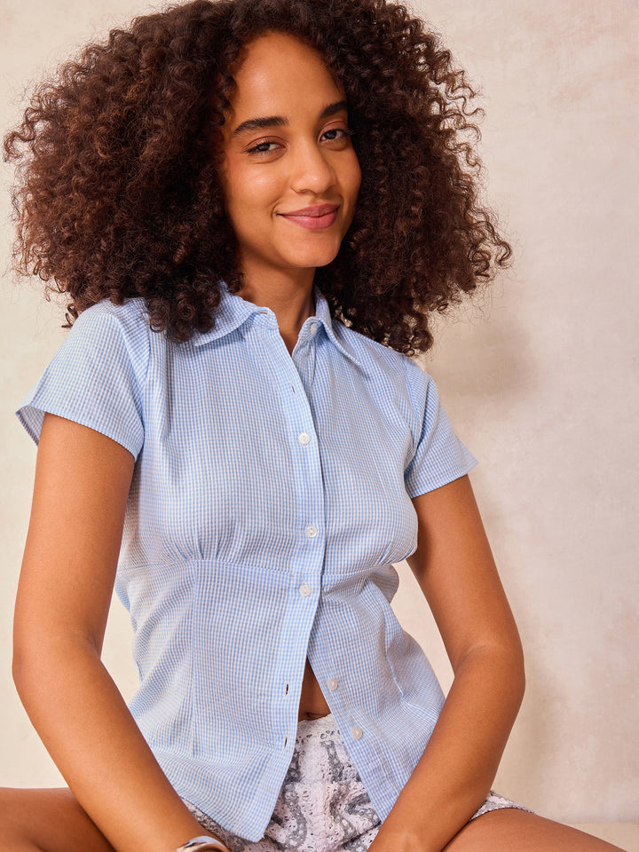 Blue Half Sleeve Fitted Check Shirt