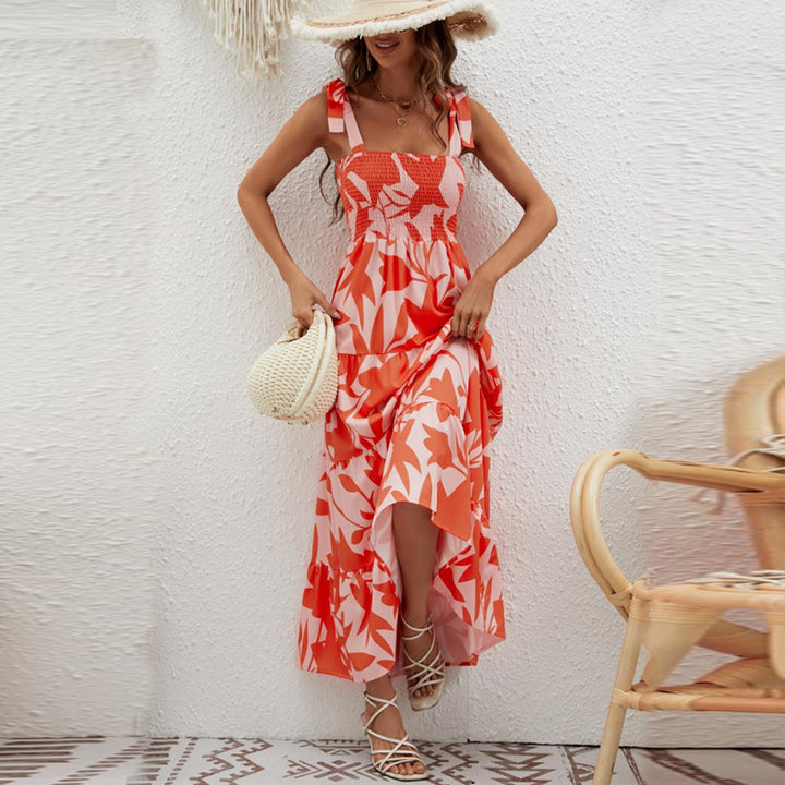 Orange Printed Tie Up Maxi Dress