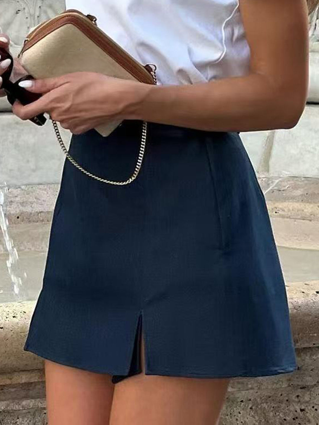 Navy Blue A-Line Skirt With Small Slit Detailing