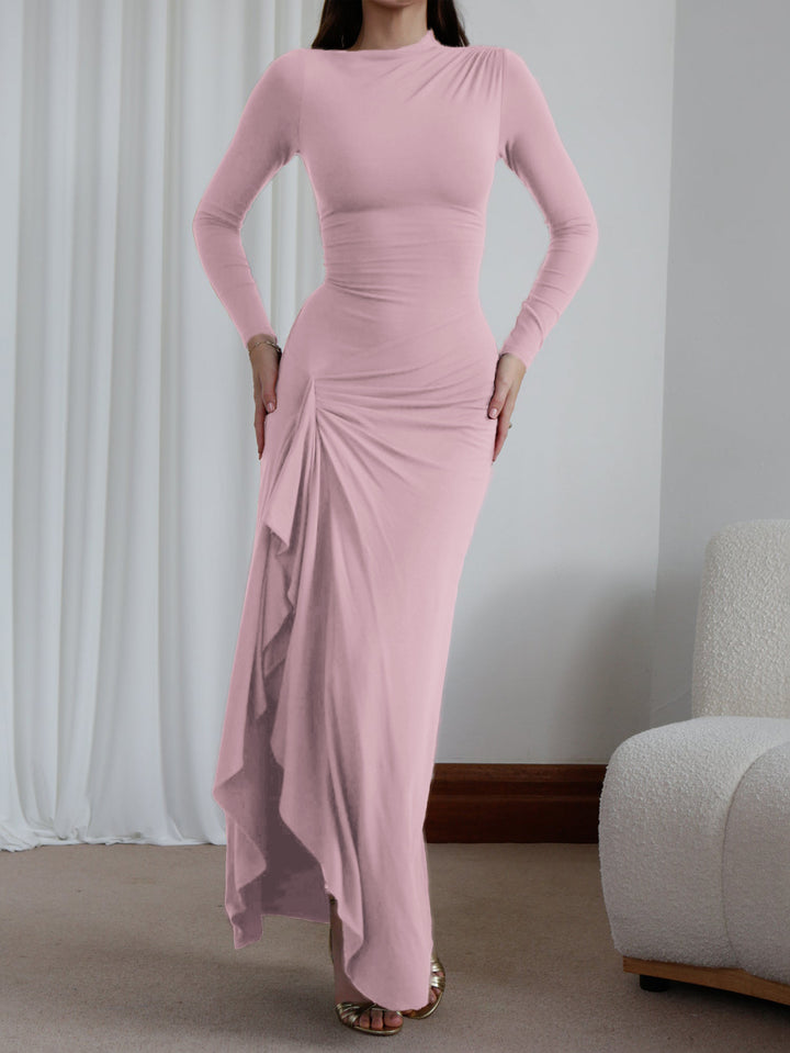 Pink High Neck Side Ruched Dress