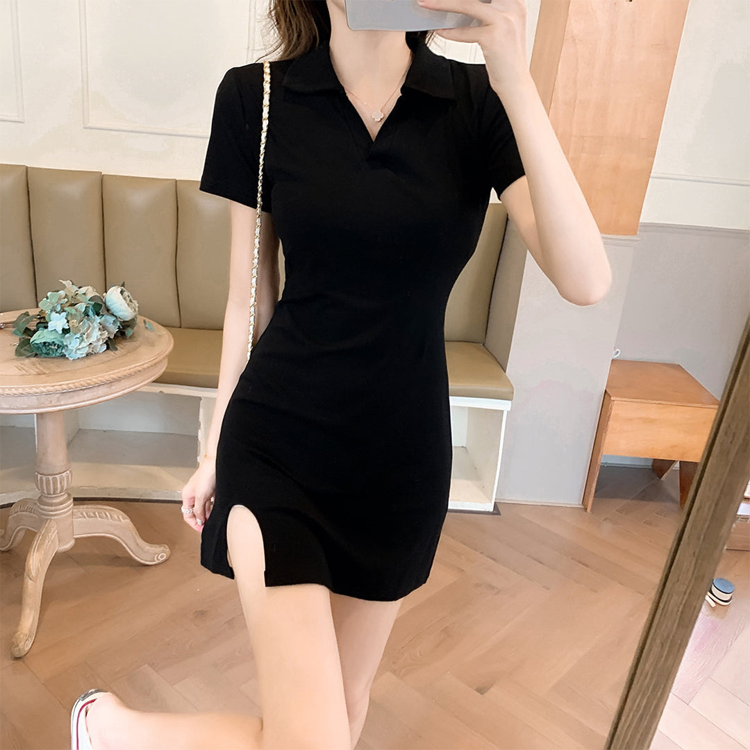 Black V Neck Side Slit Straight Mini Dress