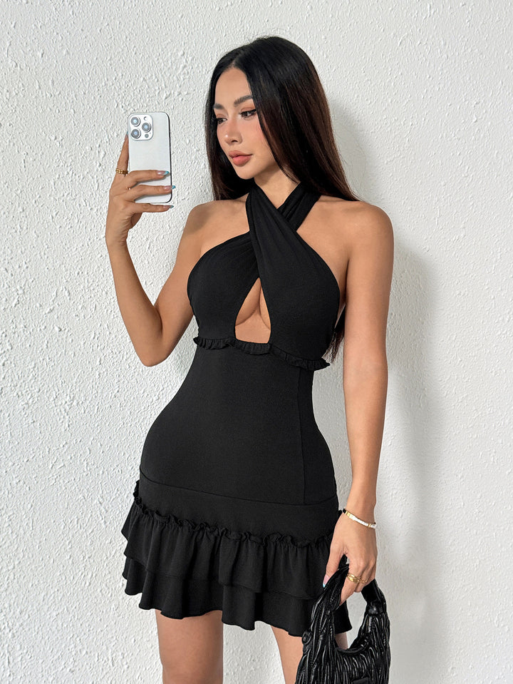 Black Cross Halter Neck Ruffle Dress