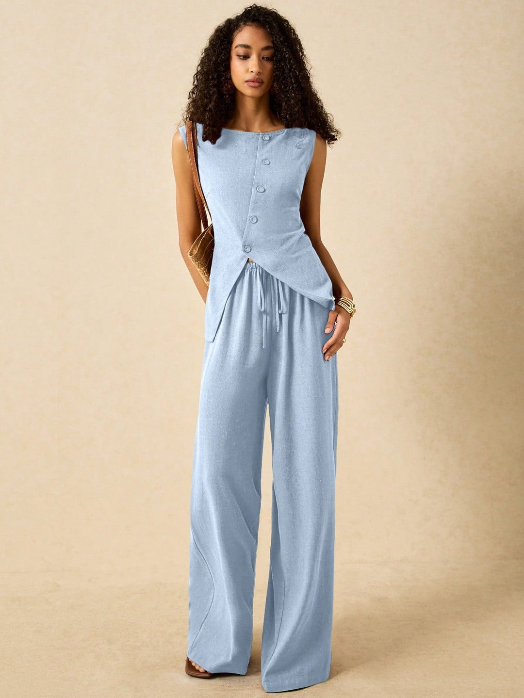 Light Blue Sleeveless Front Buttoned Vest And Pant Set