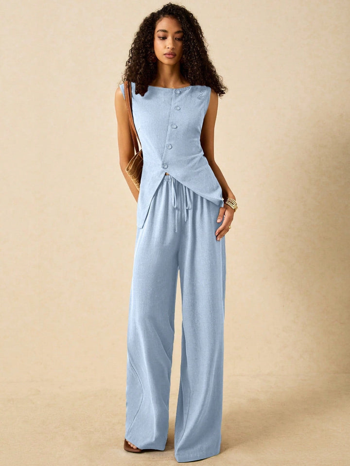 Light Blue Sleeveless Front Buttoned Vest And Pant Set