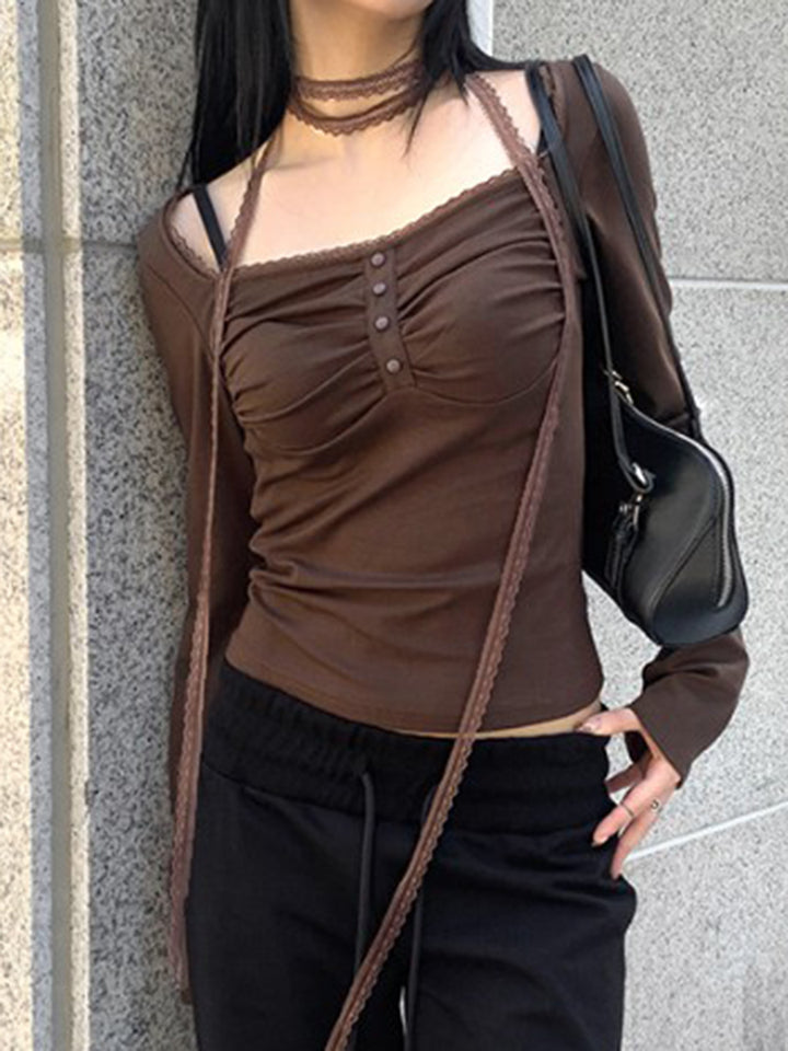Brown Full Sleeves Fitted Top