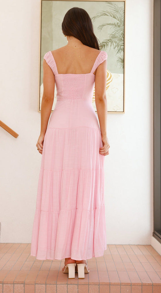 Pink Strappy Solid Tiered Dress