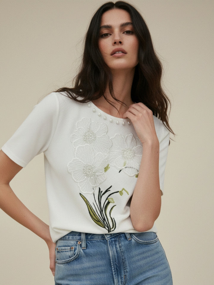 White Embellished Floral Graphic T-Shirt