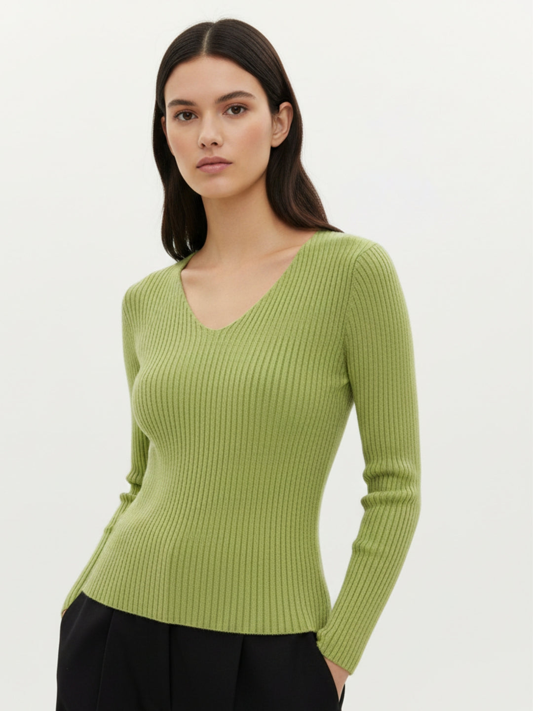 Light Green Full Sleeve V Neck Fitted Top